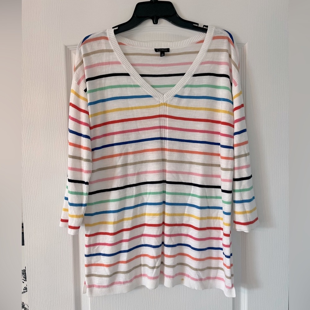 Talbots Sweater 3/4 Sleeve Knit V Neck Casual Striped White size large
